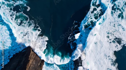 Waves crashing against rocky cliffs at high tide near the coastline during sunset