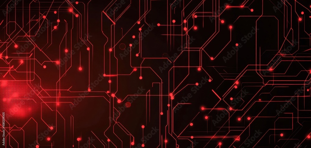 Dynamic red and black cybernetic backdrop with intricate circuit design. Generative AI