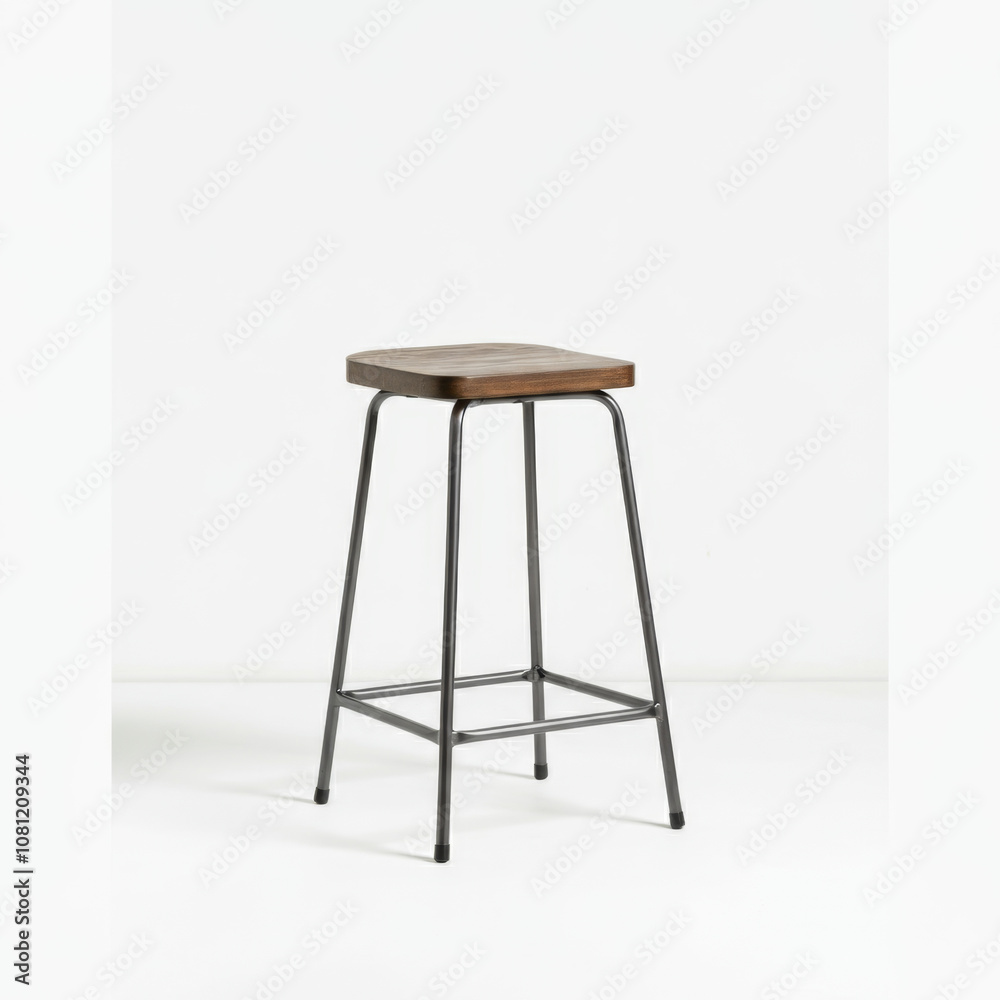 Minimalist modern industrial stool with metal legs and wooden seat Minimalist modern industrial stool with metal legs and wooden seat