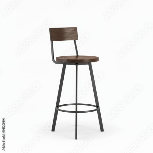 Modern industrial high back bar stool with wooden seat and metal frame