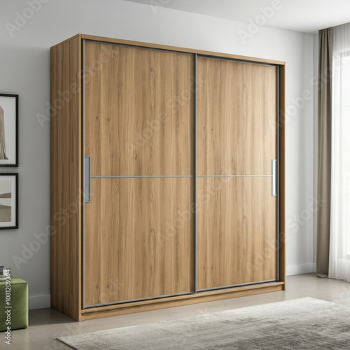 Minimalist wooden wardrobe with sliding doors in modern bedroom interior