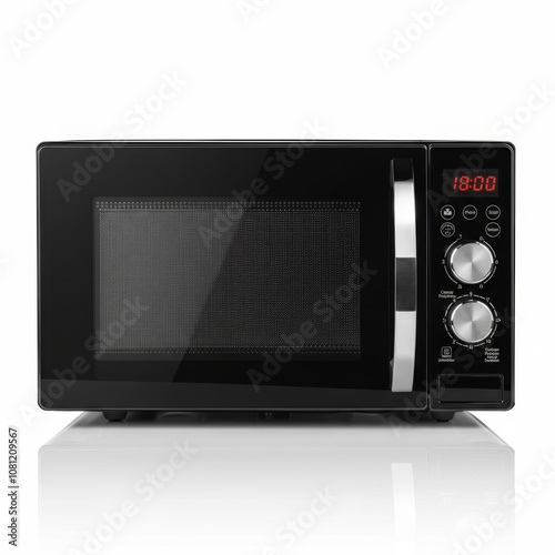 Sleek black microwave oven with digital display and rotary controls