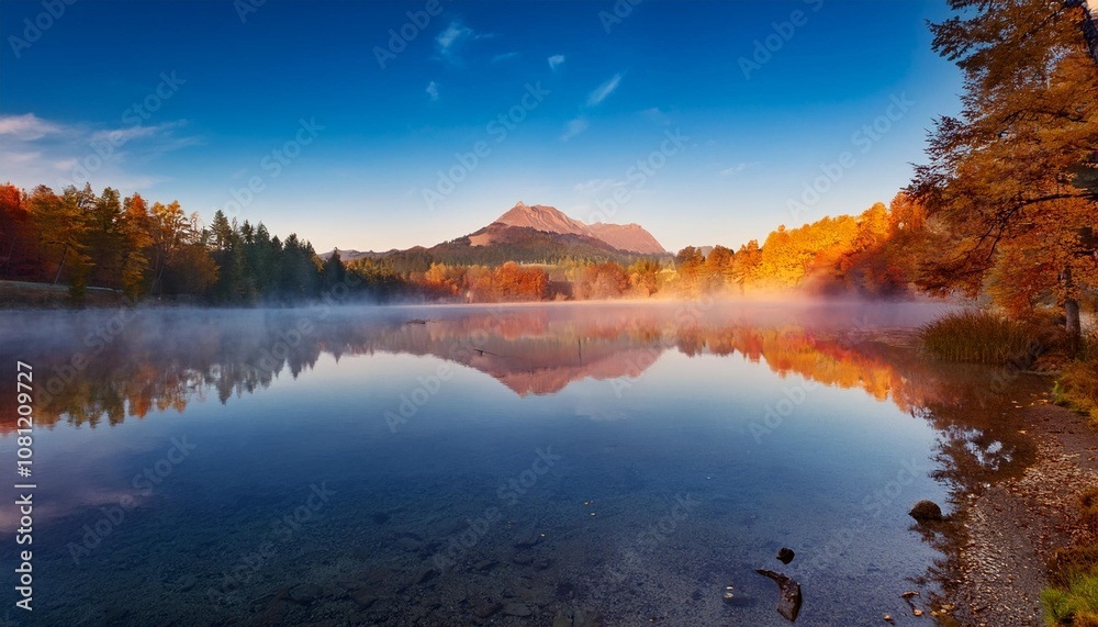 Peaceful Lake at Sunrise, With Mist Rising From the Water and a Lone Mountain Reflecting on the Calm Surface, Surrounded by Autumn Forests in Soft Morning Light Peaceful Lake at Sunrise, With Mist Rising From the Water and a Lone Mountain Reflecting on the Calm Surface, Surrounded by Autumn Forests in Soft Morning Light