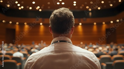 Rear view of a man in a conference hall, observing a business presentation.