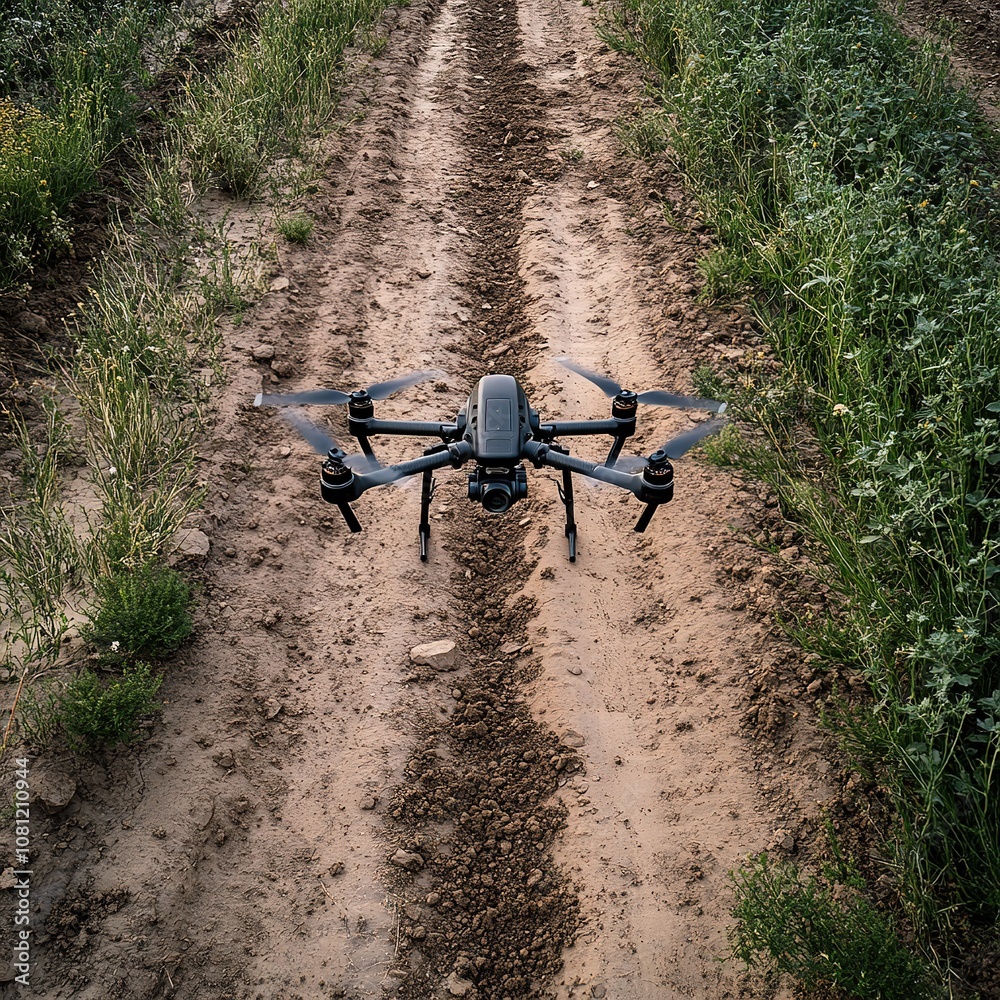 Drone surveying agricultural fields aerial view technology and nature integration rural environment Drone surveying agricultural fields aerial view technology and nature integration rural environment