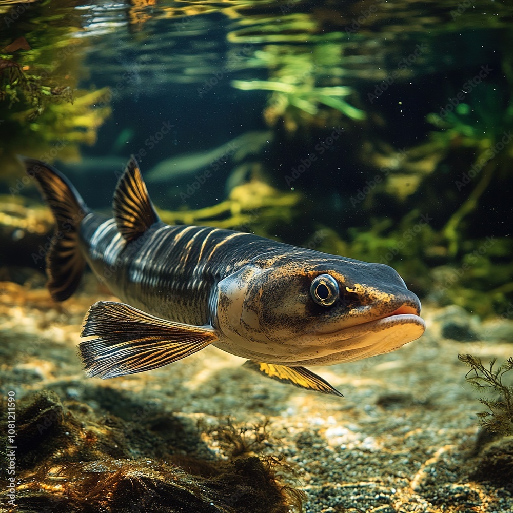 Fototapeta premium Underwater exploration of a native fish species freshwater habitat wildlife photography aquatic environment close-up view biodiversity awareness