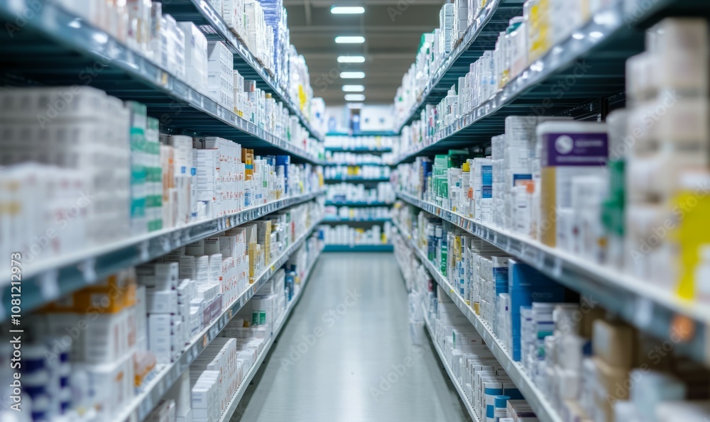 The warehouse features long rows of organized shelves filled with pharmaceutical products, showcasing a bright and orderly environment ideal for efficient operations The warehouse features long rows of organized shelves filled with pharmaceutical products, showcasing a bright and orderly environment ideal for efficient operations