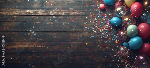 Festive Birthday Balloons and Confetti on Rustic Wood