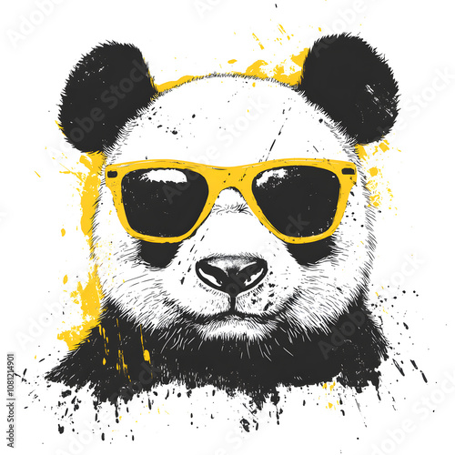 Cool Panda Illustration with Yellow Sunglasses, Panda Sketch with Neon Eyewear, Trendy Animal Art with Sunglasses, Panda Portrait in glasses, perfect for t-shirt design, poster, card, creative designs photo