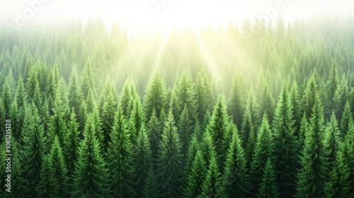 Sunlight filters through a dense forest, illuminating the lush green canopy, AI