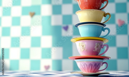 Topsy-Turvy Tea Cups Tower: A fun banner background of Mad Hatter Day depicting a precarious tower of stacked, teetering teacups ready to topple photo