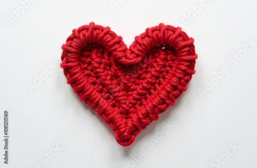 Knitted red heart on white background