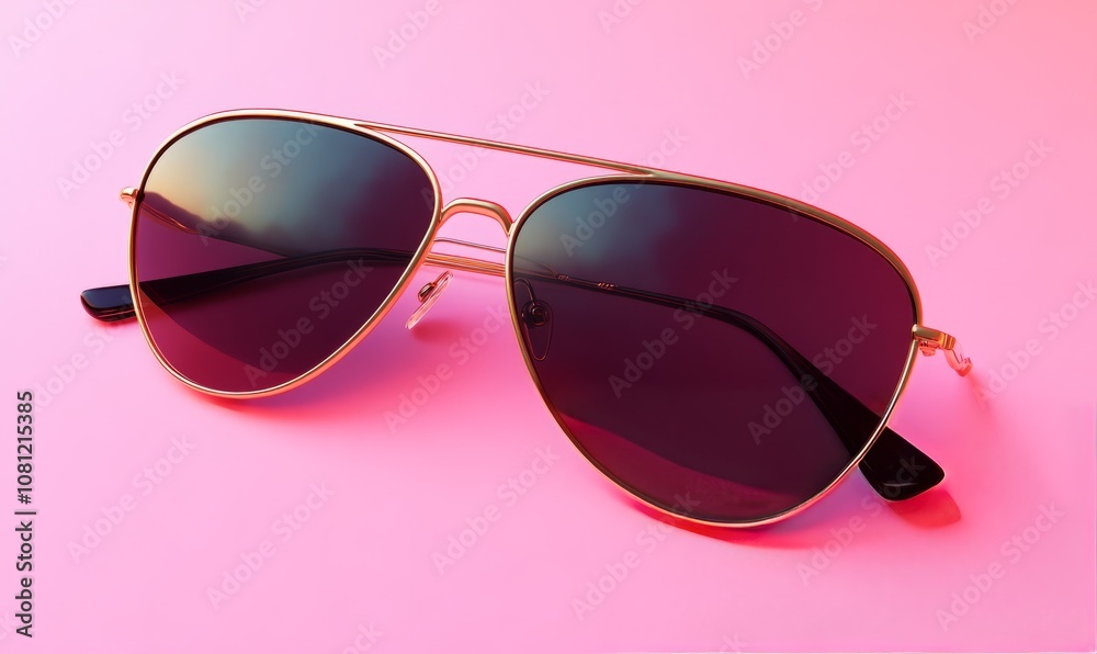 Pair of aviator sunglasses with gold frames and dark lenses on a pink background Pair of aviator sunglasses with gold frames and dark lenses on a pink background