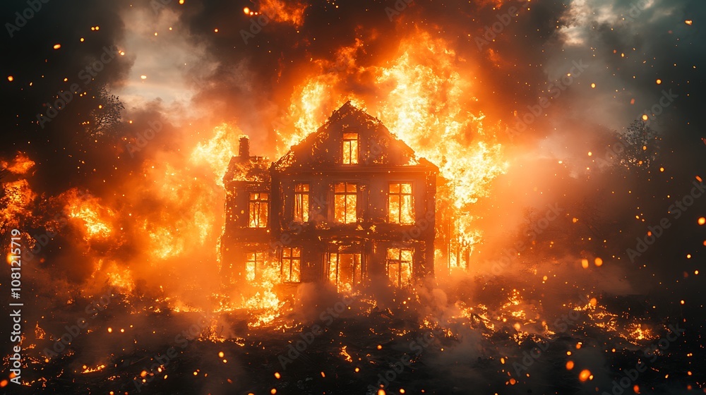 Naklejka premium Raging house fire with massive flames and thick clouds of smoke rising picture