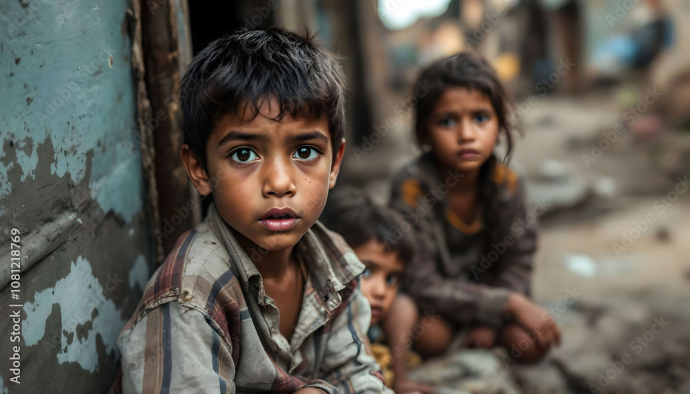 Fototapeta premium A poignant image of underprivileged children living on the streets, capturing their resilience, strength, and spirit amidst hardship
