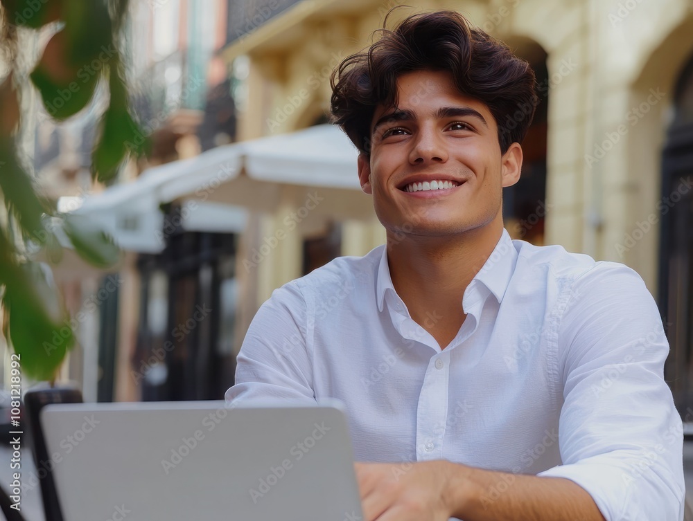 Fototapeta premium Smiling young Latin business man using laptop sitting outdoor. Happy guy student or professional looking away in city cafe elearning, hybrid working, searching job online thinking, Generative AI