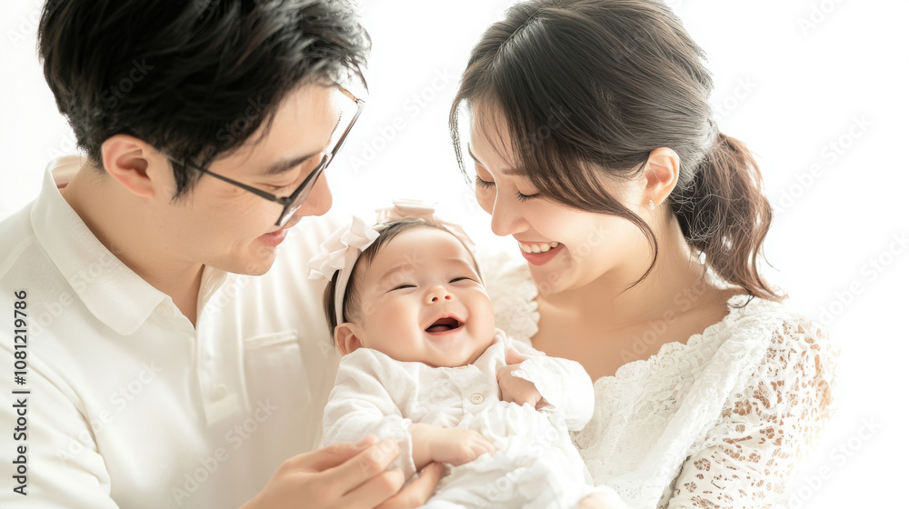 Happy family portrait: parents with smiling baby for heartwarming home decor Happy family portrait: parents with smiling baby for heartwarming home decor
