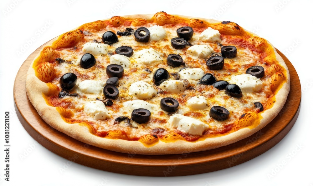This culinary creation features a freshly baked pizza adorned with chopped black olives and mozzarella, displayed on a wooden plate for an elegant presentation This culinary creation features a freshly baked pizza adorned with chopped black olives and mozzarella, displayed on a wooden plate for an elegant presentation