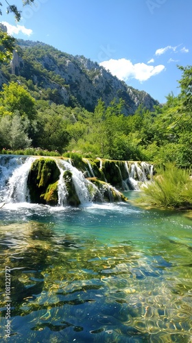 Beautiful Waterfall Cascading in a Lush Mountainous Landscape on a Sunny Day. Concept of Natural Beauty, Scenic Outdoors, Tranquility, and Refreshing Environments. Vertical