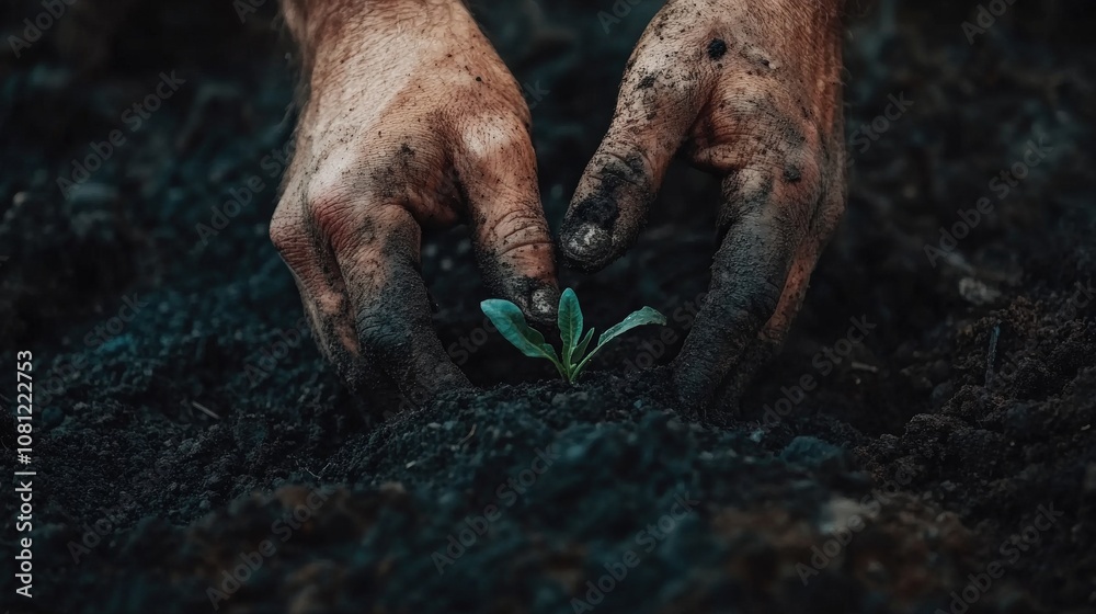 Two Muddy Hands Protecting a Small Sprout Emerging From Dark Soil Two Muddy Hands Protecting a Small Sprout Emerging From Dark Soil