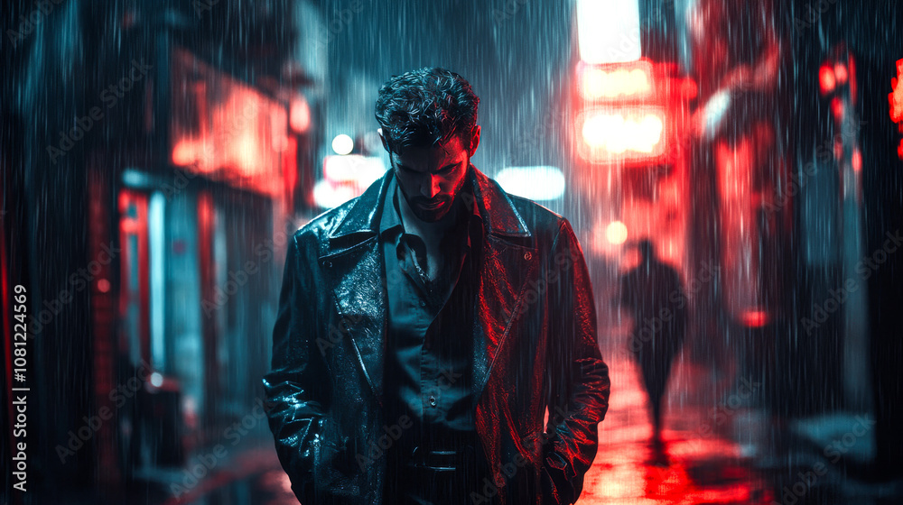 Cyberpunk Investigator in Tech Alley with Neon Gadgets