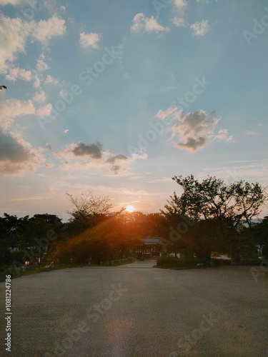 A captivating sunset casts a golden glow over the serene park setting, painting the sky with vibrant colors and offering a peaceful end to the day in nature.