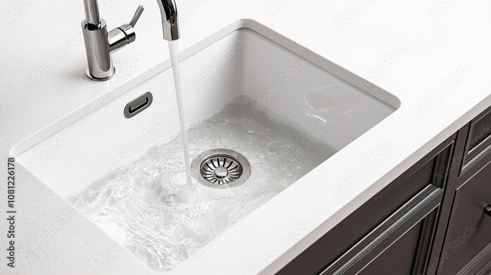 Fototapeta premium Leakage and sink repairing concept. Water Flowing in Modern Kitchen Sink