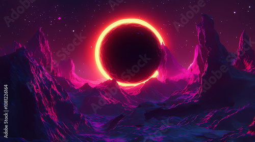 Massive black hole with vibrant neon lights in space. Enigma. Illustration