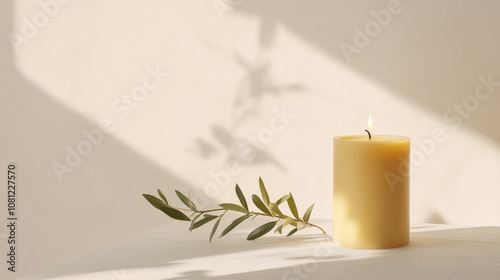 "Timeless Glow: Handmade Olive Wax Pillar Candle in a Minimalist Setting"