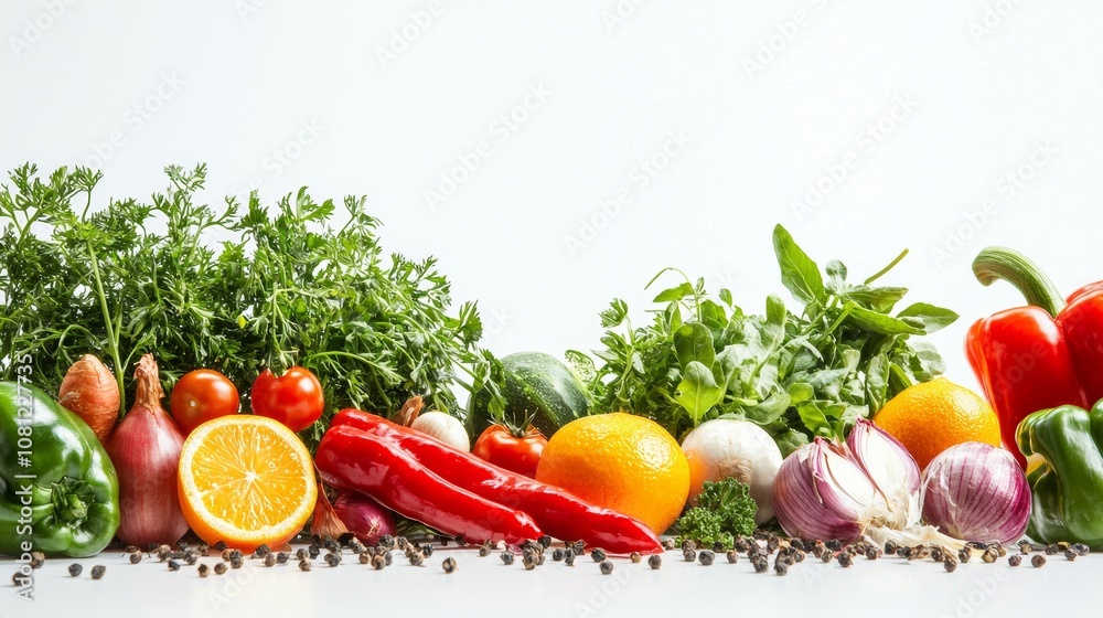 Fresh vegetables and herbs against a white background Fresh vegetables and herbs against a white background