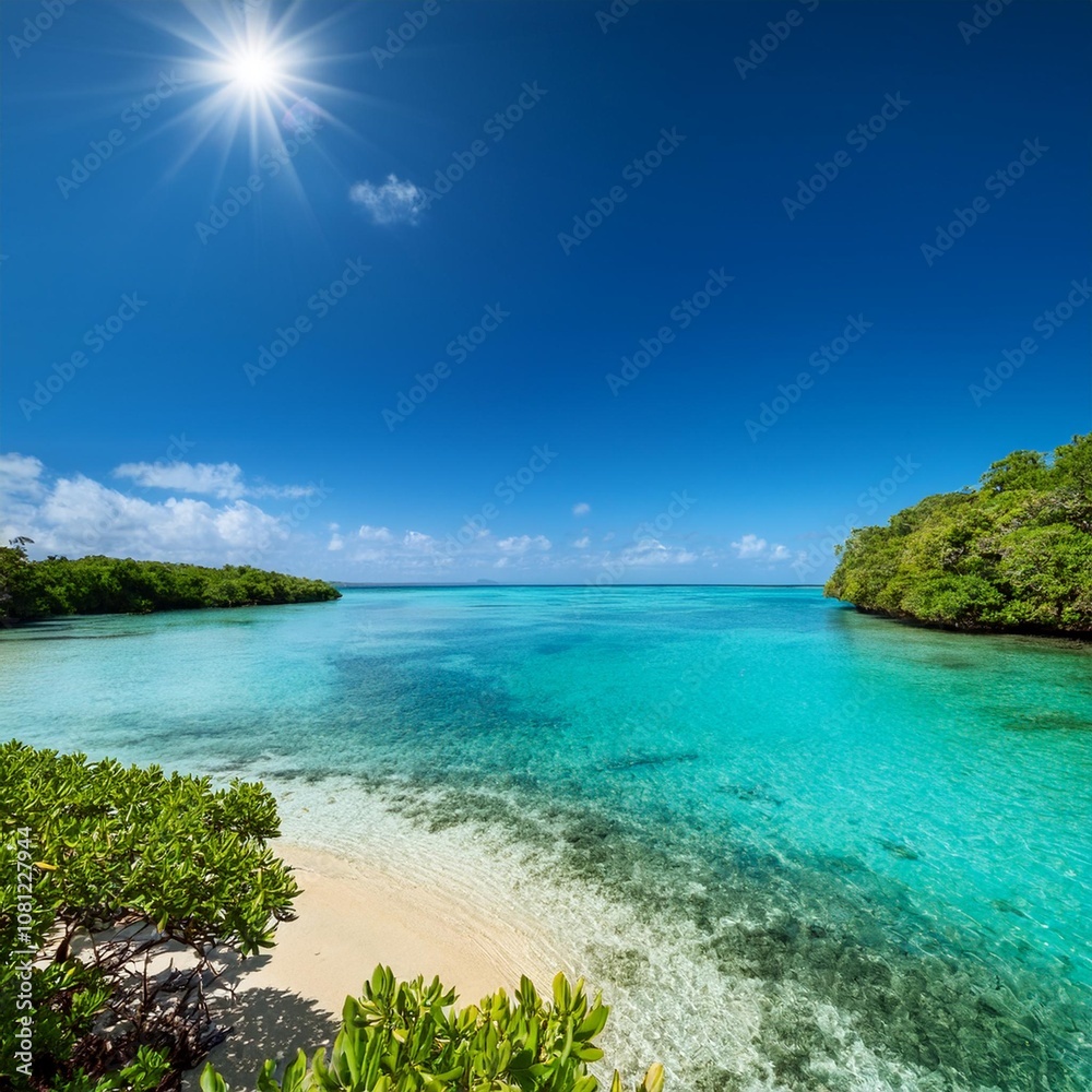 Tropical Coastal Lagoon With Calm Turquoise Waters, Surrounded by Mangroves and Sandy Shores, Under the Bright Midday Sun and Clear Blue Skies in a Remote Island Setting Tropical Coastal Lagoon With Calm Turquoise Waters, Surrounded by Mangroves and Sandy Shores, Under the Bright Midday Sun and Clear Blue Skies in a Remote Island Setting