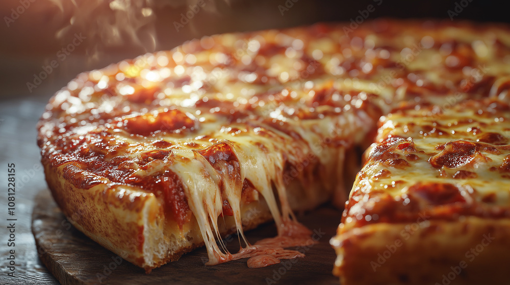 large pizza with melted cheese, hot and steaming, sliced and ready to eat large pizza with melted cheese, hot and steaming, sliced and ready to eat