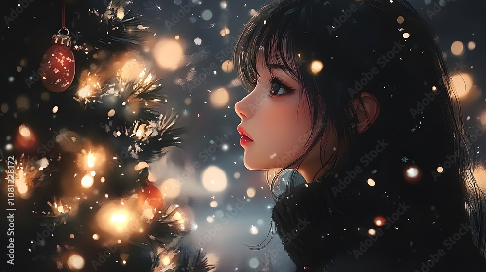 Young Asian woman gazes at a decorated Christmas tree in a wintry setting. Young Asian woman gazes at a decorated Christmas tree in a wintry setting.
