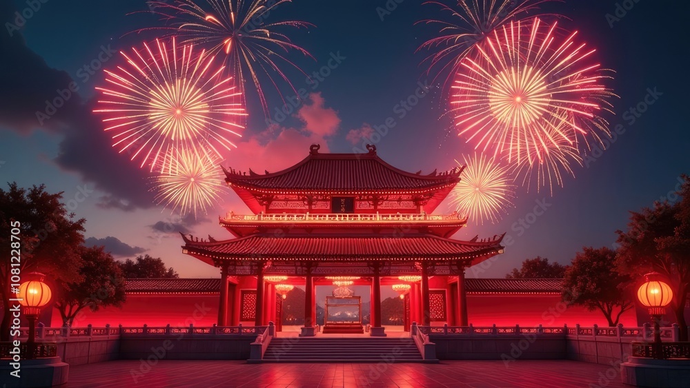 Fototapeta premium A vibrant image of a Chinese temple at night with fireworks exploding in the sky. Concept of a Chinese New Year celebration.