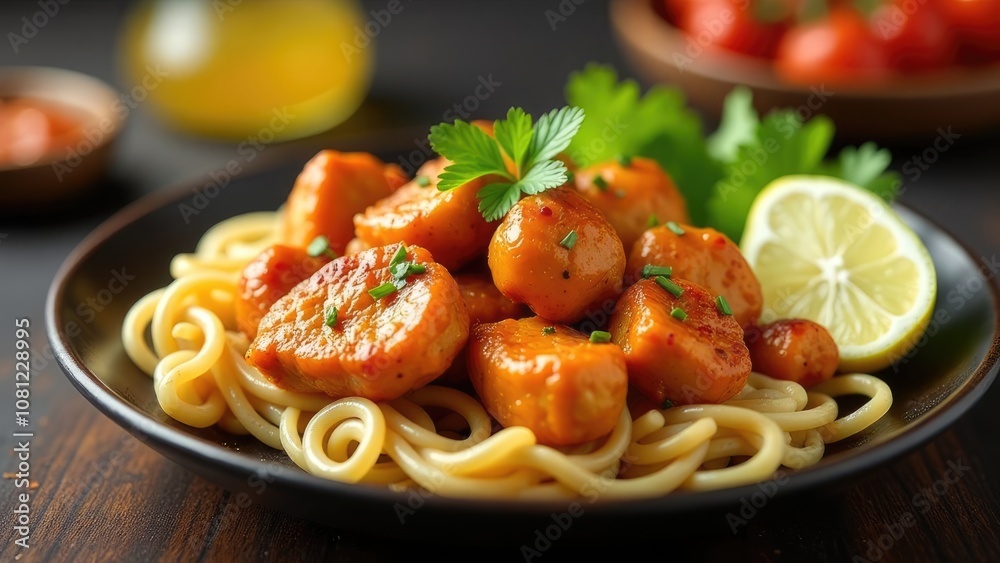 A delicious-looking plate of pasta with savory chicken meatballs in a rich sauce, garnished with fresh herbs and a lemon wedge. Concept of appetizing food and culinary delight. A delicious-looking plate of pasta with savory chicken meatballs in a rich sauce, garnished with fresh herbs and a lemon wedge. Concept of appetizing food and culinary delight.
