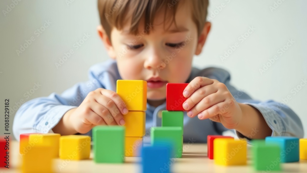 A young boy with autism is attentively building a tower of colorful blocks, demonstrating focus and fine motor skills. Concept of autism spectrum disorder and early childhood development through play A young boy with autism is attentively building a tower of colorful blocks, demonstrating focus and fine motor skills. Concept of autism spectrum disorder and early childhood development through play