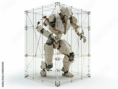 A humanoid robot stands in a small cage on a white background. Concept of boundaries imposed on artificial intelligence and robotics photo