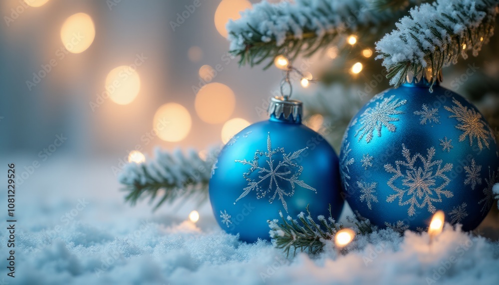 Two stunning blue ornaments, adorned with delicate snowflake designs, rest on a bed of soft, white snow, illuminated by warm, twinkling lights in the background. The scene captures the enchanting Two stunning blue ornaments, adorned with delicate snowflake designs, rest on a bed of soft, white snow, illuminated by warm, twinkling lights in the background. The scene captures the enchanting