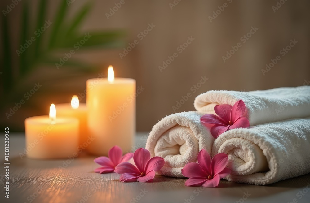 Spa salon equipment, massage stones, little flowers around, white rolled up towels, flaming candles Spa salon equipment, massage stones, little flowers around, white rolled up towels, flaming candles