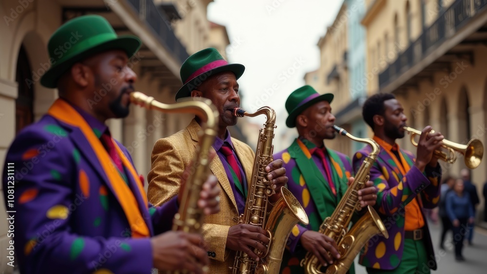 A lively jazz band in colorful Mardi Gras-themed suits plays saxophones and a trumpet on a city street, capturing the vibrant energy of the celebration. A lively jazz band in colorful Mardi Gras-themed suits plays saxophones and a trumpet on a city street, capturing the vibrant energy of the celebration.