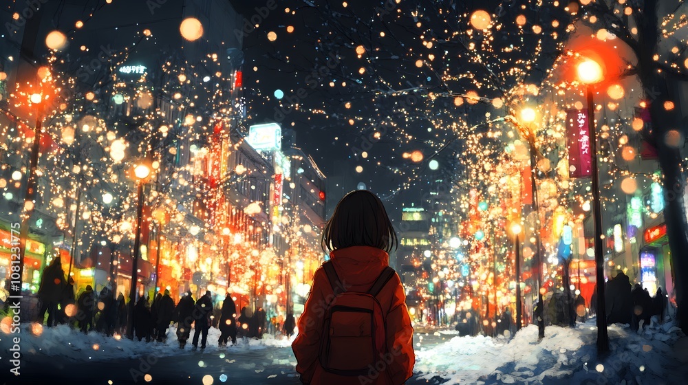 Young girl in an orange jacket enjoying a vibrant winter night in the city. Young girl in an orange jacket enjoying a vibrant winter night in the city.