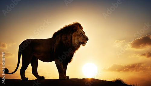 silhouette of lion in sunlight, male lion photography 