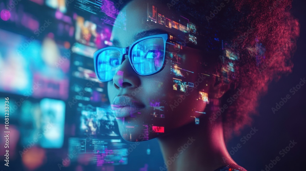 A young woman with glasses looks thoughtfully at a digital screen with a blurred background of social media icons. A young woman with glasses looks thoughtfully at a digital screen with a blurred background of social media icons.