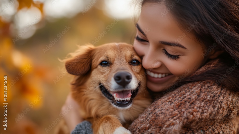 A woman is hugging a dog with a smile on her face. The dog is brown and he is happy A woman is hugging a dog with a smile on her face. The dog is brown and he is happy
