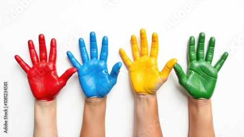 Four hands, painted in vibrant primary colors, are held up against a white background, symbolizing the diverse individuals within the autism spectrum. Concept of autism's vibrant diversity. 