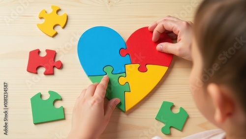 A child's hands carefully assemble a heart-shaped puzzle, symbolizing the process of understanding and embracing the complexities of autism. World Autism Awareness Day photo