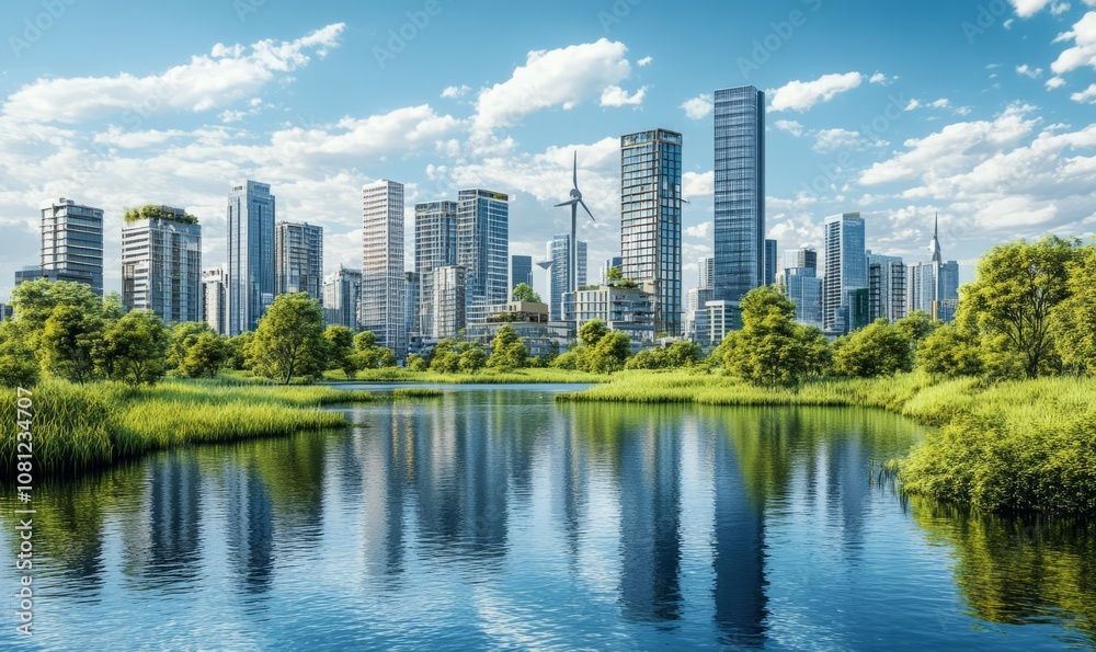 Fototapeta premium This photo showcases a sustainable city with a river in front, embracing the concept of renewable energy