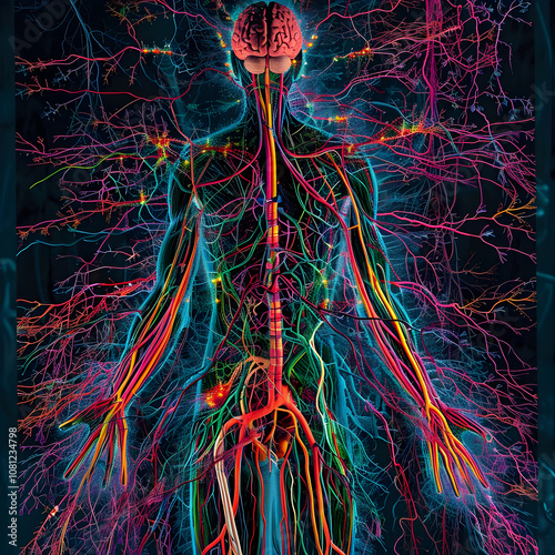 The Intricacies and Interconnectivity of the Human Nervous System: A Color-coded Educational Portrayal photo