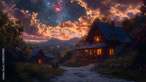 Charming cottage under a starry sky with a vibrant sunset, evoking tranquility.