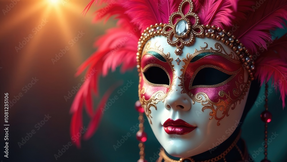 A glamorous Mardi Gras mask, adorned with red feathers and gold accents, is dramatically lit, creating a festive and mysterious atmosphere. Concept of Mardi Gras celebration A glamorous Mardi Gras mask, adorned with red feathers and gold accents, is dramatically lit, creating a festive and mysterious atmosphere. Concept of Mardi Gras celebration